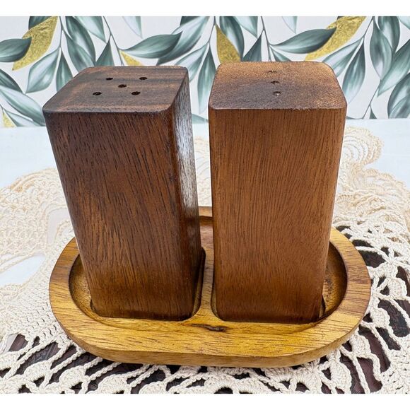Vintage 70s Wood Salt and Pepper Set with Base - Picture 1 of 7